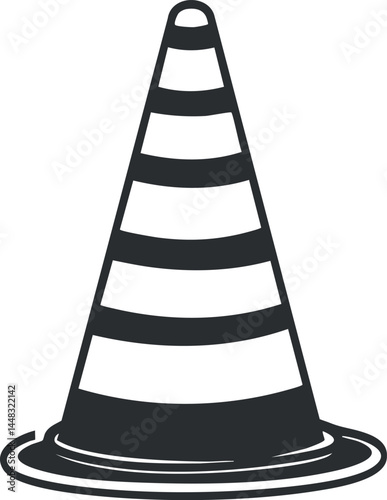 Black and white illustration of a striped traffic cone used for road safety and construction warnings.