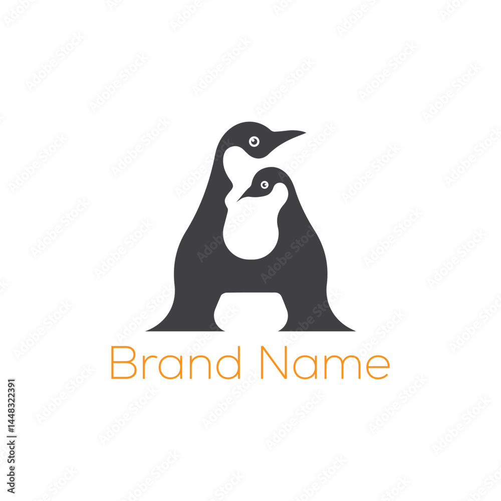 Obraz premium A cute cartoon penguin vector illustration on ice evokes a happy winter design. Combination of Penguin and A letter logo.