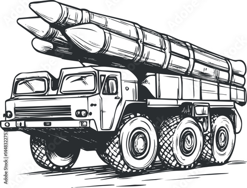 Black and white sketch illustration of a military missile launcher truck with large rockets mounted on a heavy vehicle