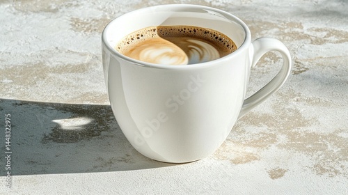 Creamy coffee drink in white mug close up view