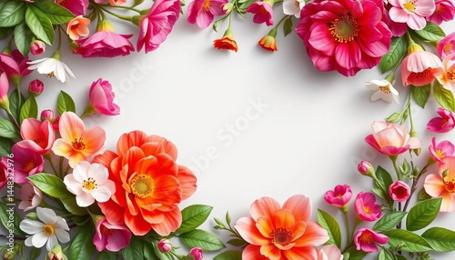 Elegant floral frame with vibrant blooms and lush green leaves, perfect for wedding invitations or springtime designs,  elegant,  art