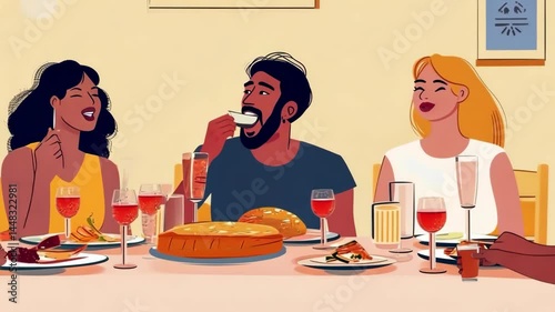 Animated friends joyfully sharing a lively dinner together in a vibrant setting