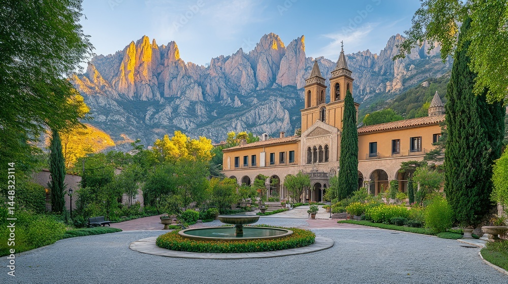 Fototapeta premium Serene monastery nestled in a mountain valley at dawn. Lush gardens surround a beautiful building