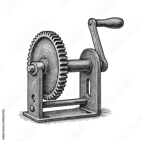 hand crank winch woodcut engraving vector illustration