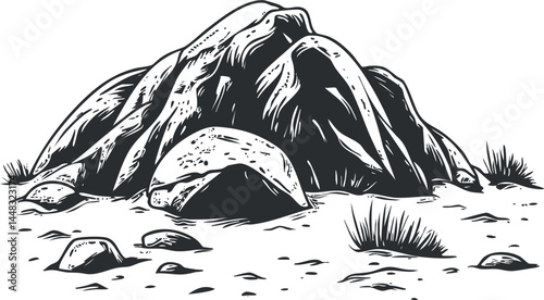 Black and white illustration of a rocky terrain with large boulders and sparse grass patches