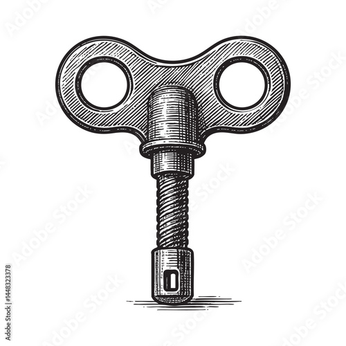 mechanical clockwork key woodcut engraving vector illustration