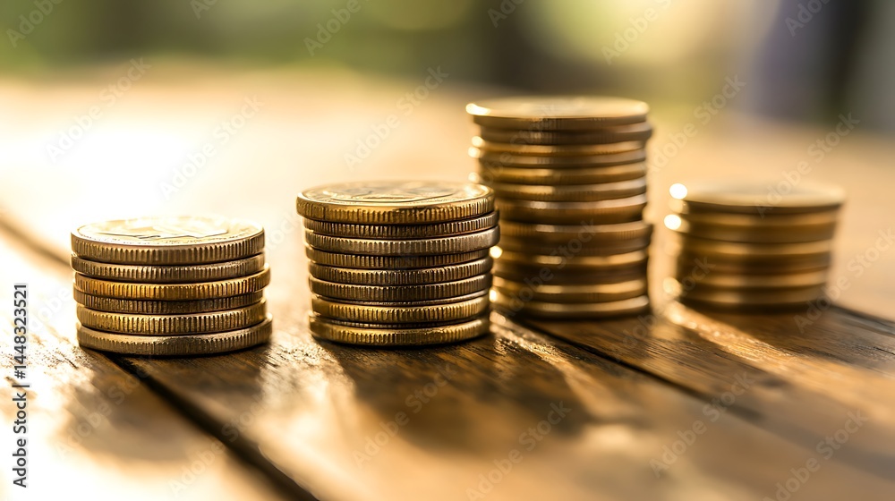 Stacks of Coins Showing Financial Growth on Wooden Table in Warm Light Stacks of Coins Showing Financial Growth on Wooden Table in Warm Light