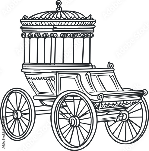 Black and white line drawing of an antique vintage carriage with four wheels and ornate design