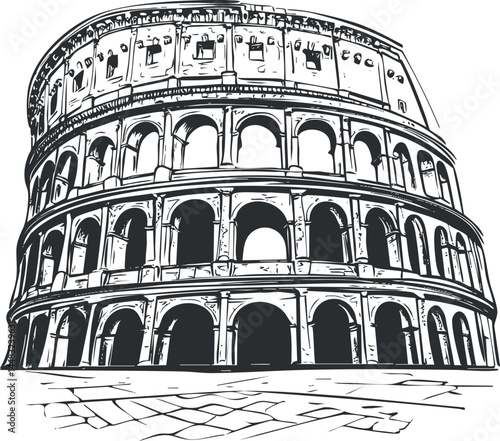 Black and white sketch illustration of the ancient Roman Colosseum, a famous historic landmark in Rome.