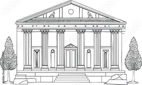 Line drawing of an ancient classical temple with columns and pediment surrounded by trees