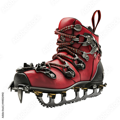 Red mountaineering boots with crampons