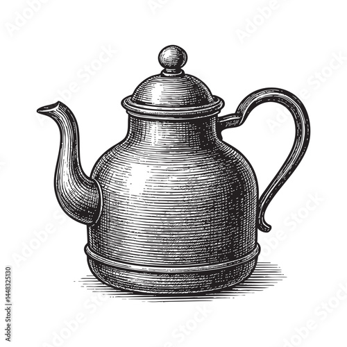 copper kettle with lid woodcut engraving vector illustration