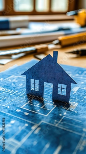 Small paper house model on architectural blueprints