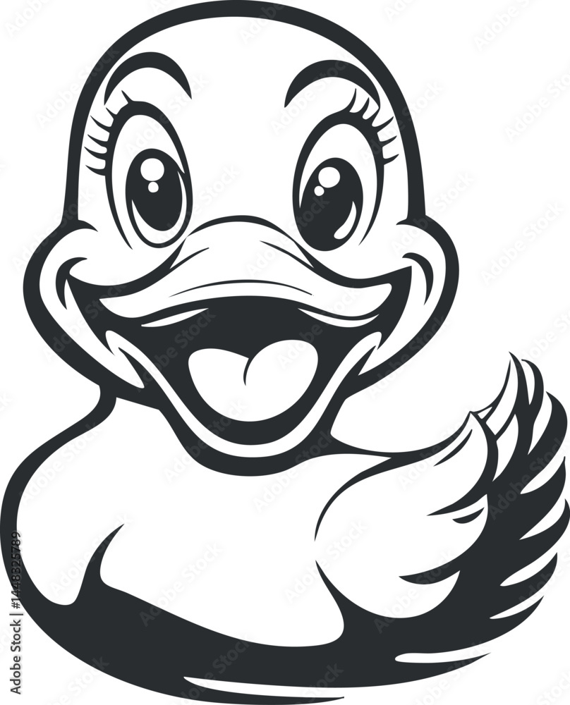 Obraz premium Black and white cartoon illustration of a happy and smiling duck with big eyes and raised wing