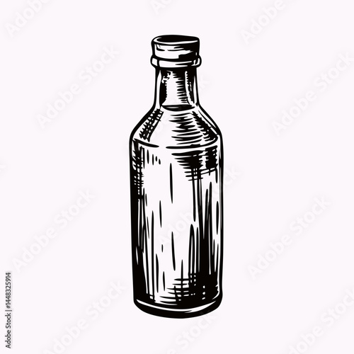 Vintage glass bottle hand-drawn in black ink style isolated on white background, engraving illustration for retro design. Concepts: packaging design, beverage branding, antique label, bar decor, alcoh