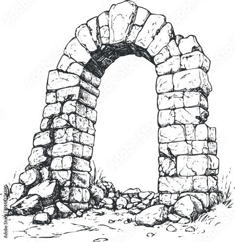 Detailed black and white illustration of an ancient stone archway ruins with scattered rocks and weathered masonry