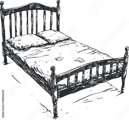 Hand-drawn sketch of a wooden bed with mattress and pillows, suitable for bedroom furniture and home comfort concepts