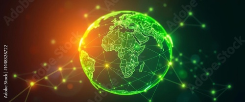Abstract green digital network map of Earth, glowing data streams, sustainability concept, graphic, nodes