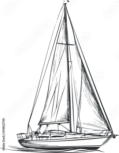 Black and white line drawing of a sailboat with detailed sails and rigging for nautical and marine themes