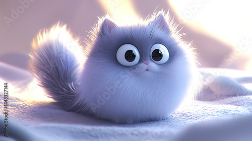 A cartoon cat with big eyes and a fluffy tail is sitting on a white surface