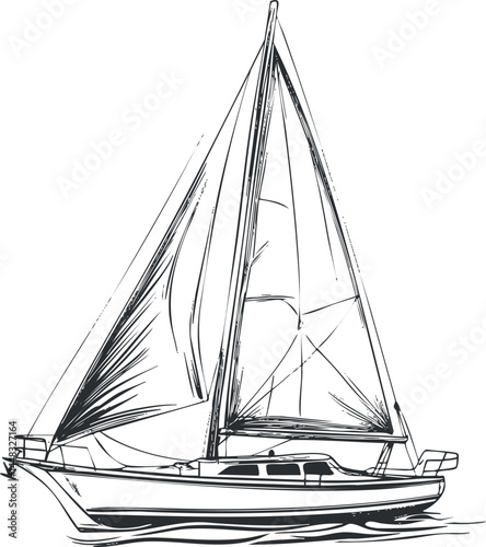 Black and white sketch of a sailboat with sails fully raised, showing detailed nautical features.