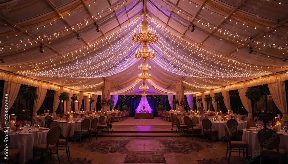 Obraz premium Elegant interior view with chandelier lights and decorative table settings