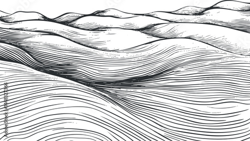 Abstract black and white line art creating a flowing wave pattern resembling hills or dunes landscape.