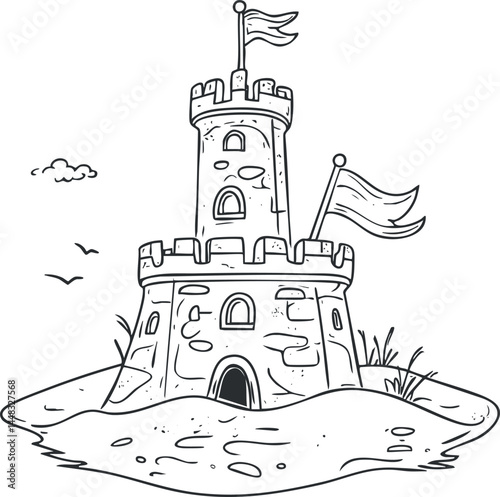 Black and white line drawing of a sandcastle with flags on a beach surrounded by sand and birds