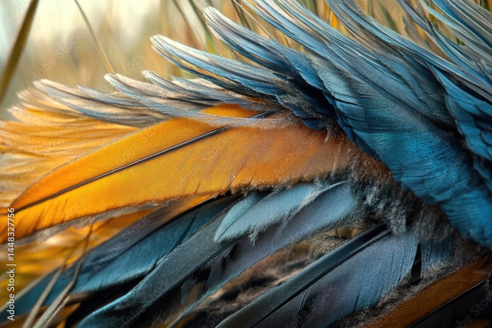 Obraz premium Close-up of vibrant bird feathers in stunning blue and gold hues showcasing intricate details and textures.