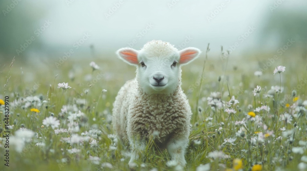 Fototapeta premium Adorable Fluffy Lamb in Spring Wildflower Meadow