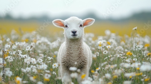 Adorable White Lamb in a Field of Daisies and Buttercups