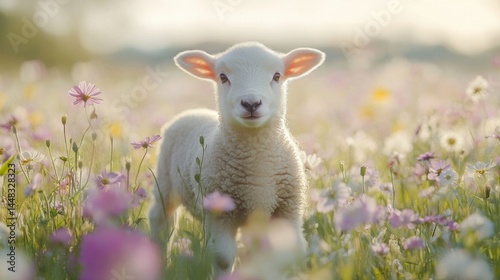 Adorable White Lamb in a Vibrant Wildflower Meadow