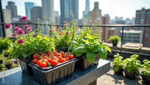 Rooftop urban garden with lush vegetables and vibrant flowers overlooking cityscape