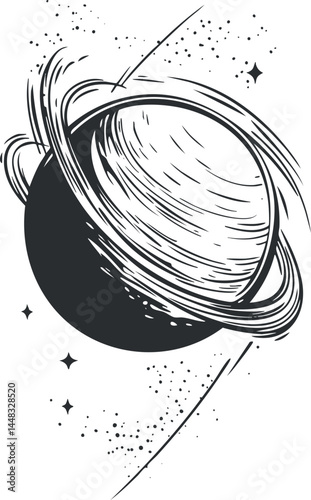 Black and white sketch of a ringed planet resembling Saturn in space with stars around it