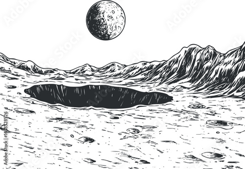 Black and white illustration of a crater on the moon's barren surface with mountains and a full moon in the sky