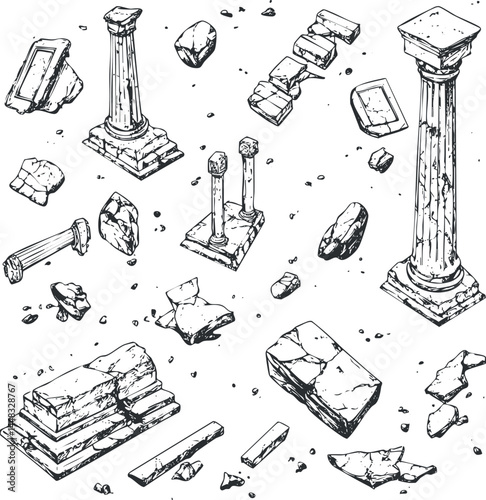Black and white sketch of broken ancient stone columns and architectural ruins scattered on ground