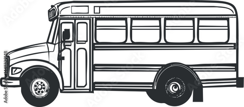 Black and white side view illustration of a classic school bus with windows and front door visible