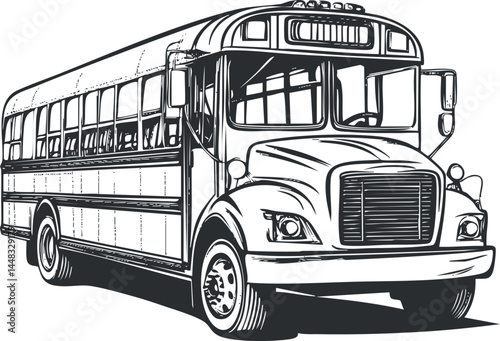 Black and white vector illustration of a classic school bus used for student transportation and public transit