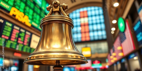 Close-up of a brass stock market bell on a bustling trading floor,   stock prices,  wall street