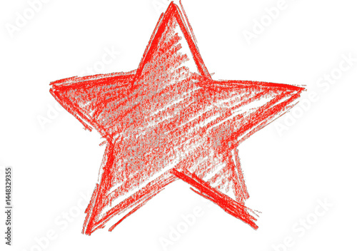 A vibrant red star drawn with crayon on a black background. showcasing a playful artistic expression. ideal for educational materials or creative projects