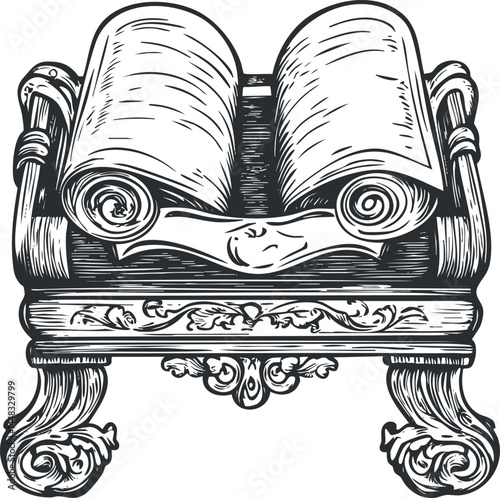 Illustration of an ancient scroll manuscript with curled parchment on an ornate wooden stand