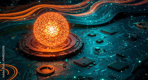 Glowing AI Core Awakening on Futuristic Digital Circuit with Data Waves