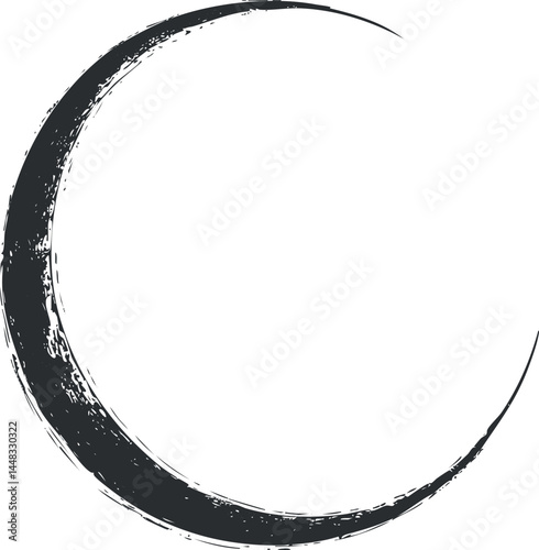 Black grunge crescent moon brushstroke on white background symbolizing night and celestial design