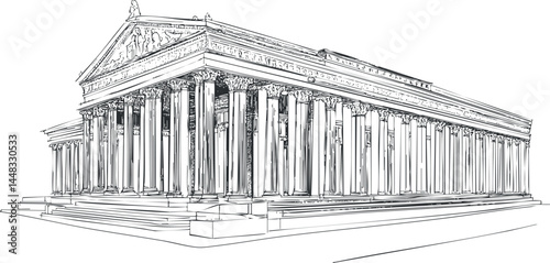 Black and white line drawing of an ancient Greek temple with classical columns and detailed architecture
