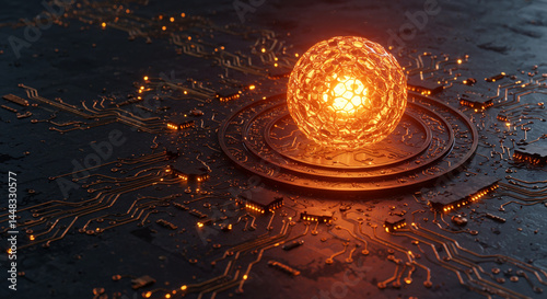 Glowing AI Awakening Energy Core on Copper Circuit Board