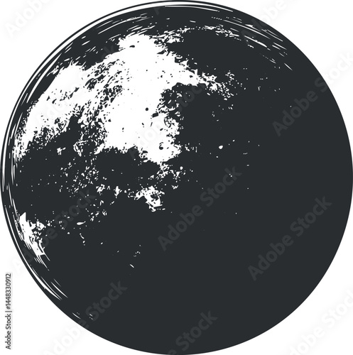 Black and white illustration of a textured moon or planetary surface with craters and shadows