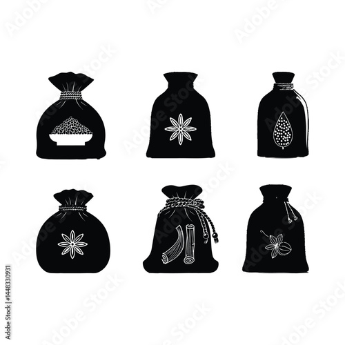 Black and white spice bags illustration vector design for food ingredient and cooking concept art design