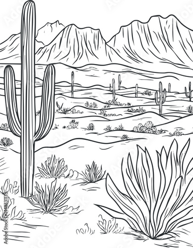 Black and white line art of a desert landscape with cacti, shrubs, and mountains in the background