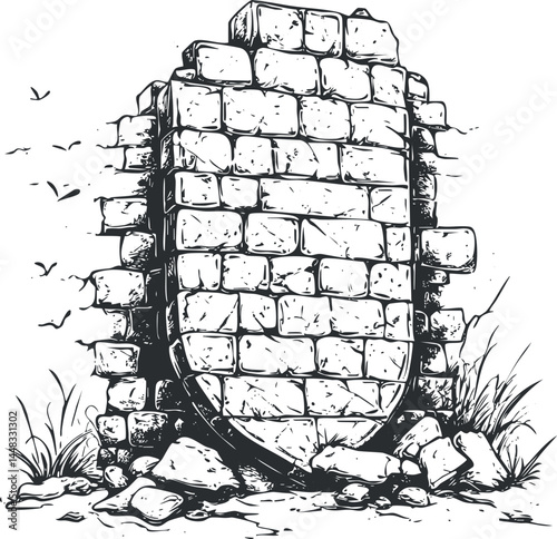 Illustration of an old broken stone wall ruin with scattered rocks and grass around it