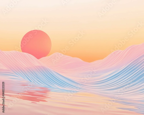 conceptual wave fantasy Serene sunset over colorful hills and water.